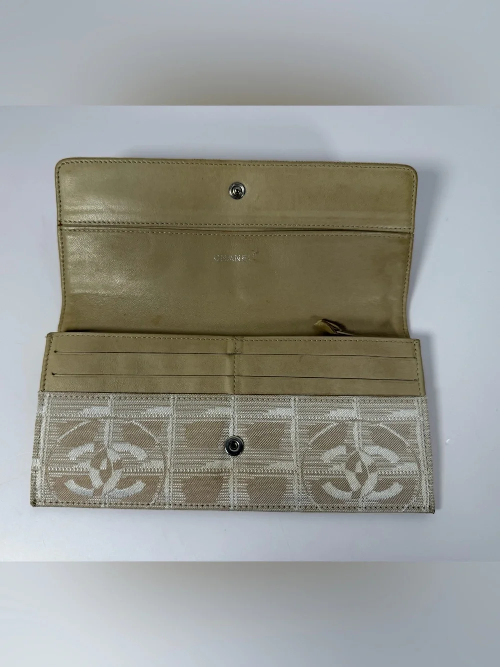 1270: Chanel Travel Line CC Logo Jacquard Beige Continental Wallet